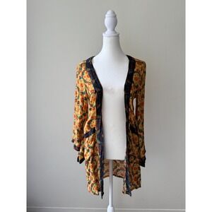 Benares Boho Floral‎ Kimono Jacket Open Front Duster Top Yellow Multicolor Sz XS
